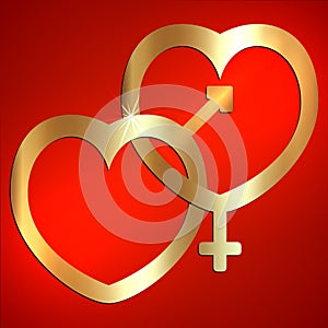 Vector abstract illustration of two hearts with male and female signs