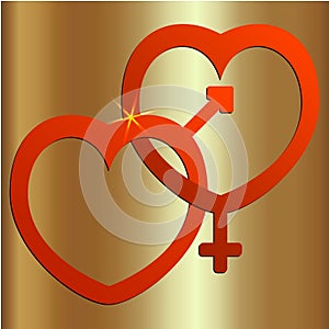 Vector abstract illustration of two hearts with male and female signs