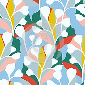 Vector abstract leaf with color-blocking background illustration seamless repeat pattern