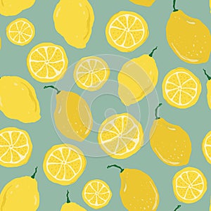 Vector abstract lemons seamless pattern. Hand painted fruits isolated on blue background. Holiday Illustration for