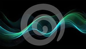 Vector abstract light lines with wavy, flowing, dynamic colors of blue and green, isolated on a black background