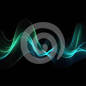 Vector abstract light lines with wavy, flowing, dynamic colors of blue and green, isolated on a black background