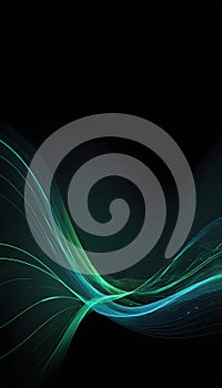 Vector abstract light lines with wavy, flowing, dynamic colors of blue and green, isolated on a black background