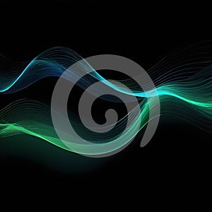 Vector abstract light lines with wavy, flowing, dynamic colors of blue and green, isolated on a black background