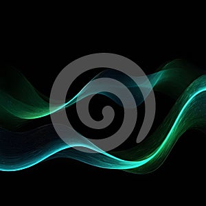 Vector abstract light lines with wavy, flowing, dynamic colors of blue and green, isolated on a black background