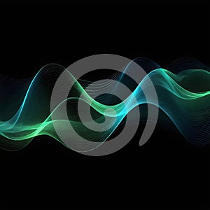 Vector abstract light lines with wavy, flowing, dynamic colors of blue and green, isolated on a black background