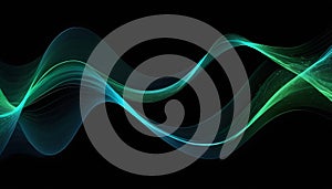 Vector abstract light lines with wavy, flowing, dynamic colors of blue and green, isolated on a black background