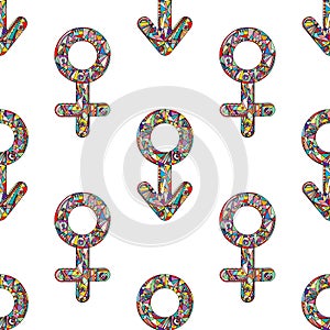 Vector abstract male and female gender signs pattern. Hand drawn sexual identity symbols seamless background.