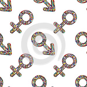 Vector abstract male and female gender signs pattern. Hand drawn sexual identity symbols seamless background.