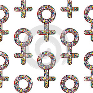 Vector abstract male and female gender signs pattern. Hand drawn sexual identity symbols seamless texture.