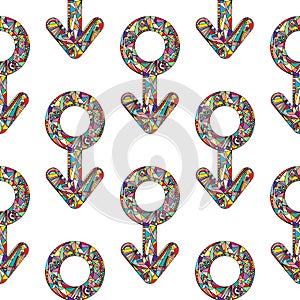 Vector abstract male and female gender signs pattern. Hand drawn sexual identity symbols seamless texture.