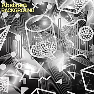Vector Abstract Monochrome Patchwork Graphic Motif Brushed Textured Background. Black and white neon geometrical figures