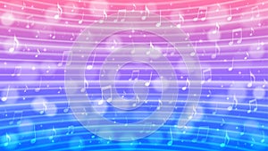 Vector Abstract Music Notes in Blue, Purple and Pink Gradient Background with Shining Sparkles, Bokeh and Lines Texture
