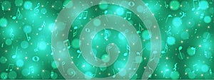 Vector Abstract Music Notes, Bokeh and Sparkles in Green Teal Background Banner