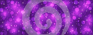 Vector Abstract Music Notes, Bokeh and Sparkles in Pink Purple Background Banner