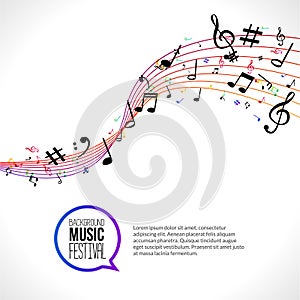 Vector abstract Music notes on colorful lines. On white isolated background. Musical concept