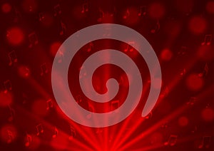 Vector Abstract Music Notes, Light Rays and Bokeh in Dark Red Background