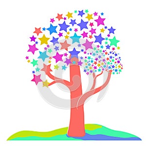 Vector abstract neon tree from different stars. Game UI flat. Illustration for logo, poster, 2D games, postcards