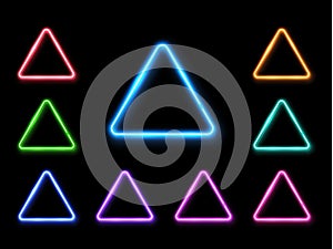 Vector abstract neon triangle set. Light effect.