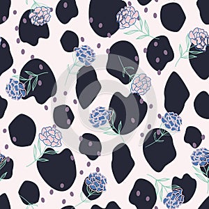 Vector Abstract Peonies on Animal Print in vibrant colors seamless pattern background.