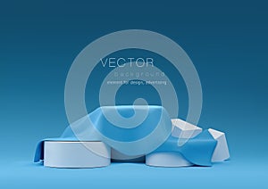 Vector abstract podium, pedestal. Round podium  is covered with  blue fabric. 3D rendering. Blue background