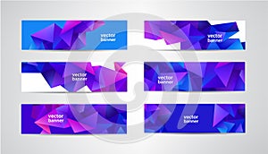 Vector abstract polygonal, mosaic, geometric, triangular pattern banners collection. Purple facet 3d shape horizontal