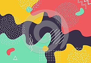 Vector abstract pop art pattern background with lines and dots. Modern liquid splashes of geometric shapes
