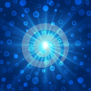 Vector Abstract Radial Bright Light Rays and Blurry Bokeh Blast in Dark Blue Gradient Background