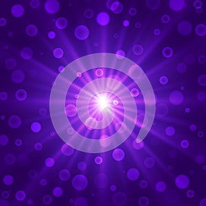 Vector Abstract Radial Bright Light Rays and Blurry Bokeh Blast in Dark Purple Gradient Background