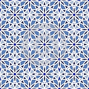 Vector Abstract Seamless Pattern in blue shades. Vintage Geometric East Ornament Pattern. Islamic, Arabic, Indian, Bohemian, Gyps