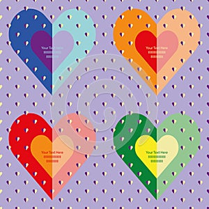 Vector abstract seamless pattern with hearts in bright and pastel rainbow colours with space for customised text.