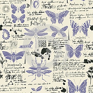 Abstract seamless pattern with insects and scribbles