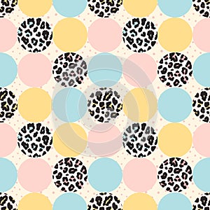 Vector abstract seamless pattern with leopard print, colorful circles and dots