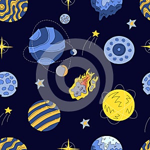 Vector abstract seamless pattern of an planets, galaxy, asteroids, stars, moon