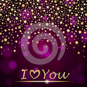 Vector abstract shining falling stars on violet ambient blurred background I love You