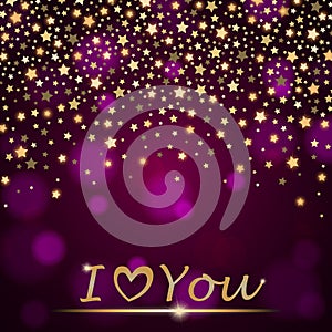 Vector abstract shining falling stars on violet ambient blurred background I love You photo