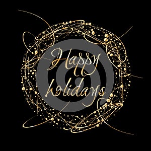 Vector Abstract shiny color gold design element with glitter effect on dark background. Happy Holidays greeting card