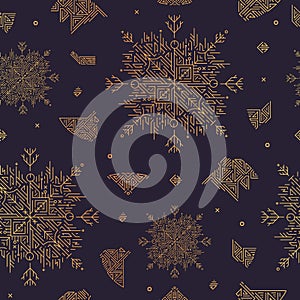Vector abstract snowflake artdeco seamless pattern, christmas golden background. New yea photo