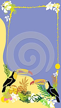 Vector abstract  of social media story background. Summer bright tropical backgroundwith fruits, palms, flamingo, toucan, ice photo