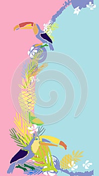 Vector abstract  of social media story background. Summer bright tropical backgroundwith fruits, palms, flamingo, toucan, ice photo