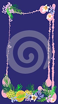 Vector abstract  of social media story background. Summer bright tropical backgroundwith fruits, palms, flamingo, toucan, ice photo