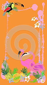Vector abstract  of social media story background. Summer bright tropical backgroundwith fruits, palms, flamingo, toucan, ice photo
