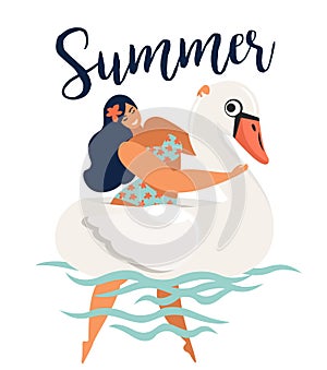 Vector abstract summer time illustration card with girl swimming on swan float circle in ocean waves with calligraphy. Summer time