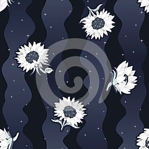 Vector Abstract Sunflowers on Loose Space Themed Stripes seamless pattern background. Perfect for fabric, scrapbooking