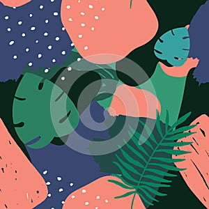 Vector Abstract Tropical Seamless Pattern in pink and dark green colors. Colorful Hand drawn Elements, Paper Collage. Exotic Jungl