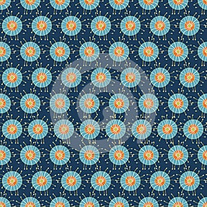 Vector Abstract Turquoise Blue Orange Gold Flowers on Blue Background Seamless Repeat Pattern. Background for textiles