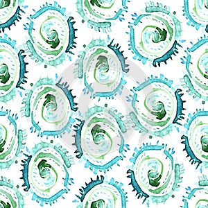Vector abstract watercolor swirls seamless pattern. Blue circles tile background