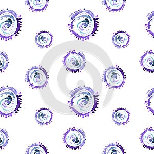 Vector abstract watercolor swirls seamless pattern. Blue circles tile background