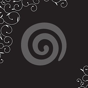 Vector abstract white swirl floral corner on black background. D