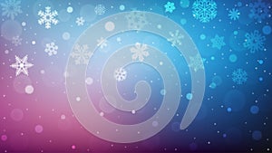 Vector Abstract Winter Holidays Blue and Pink Gradient Background with Blurry Falling Snowflakes and Bokeh